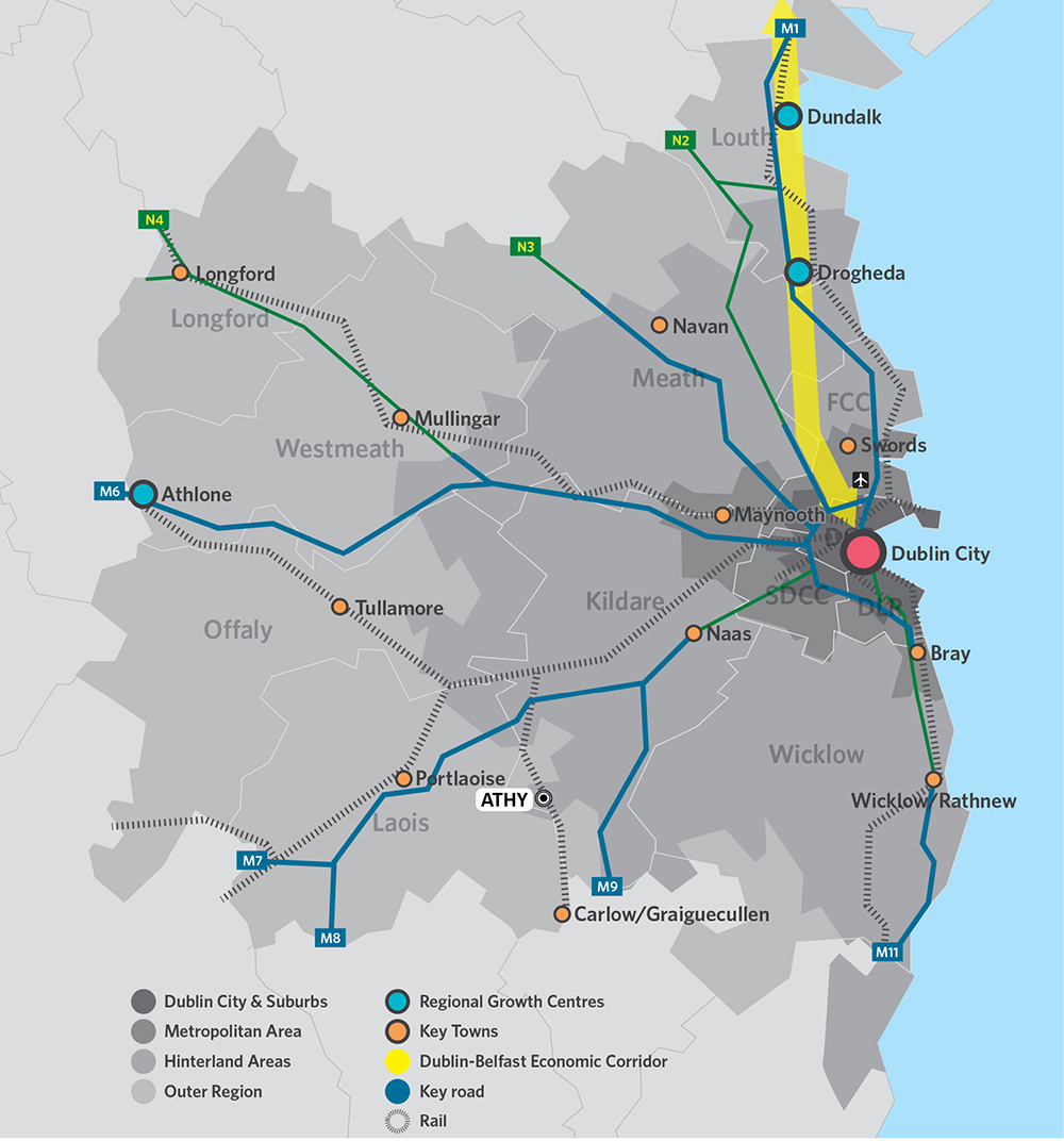 Map showing the location of Athy in the Eastern and Midland Region